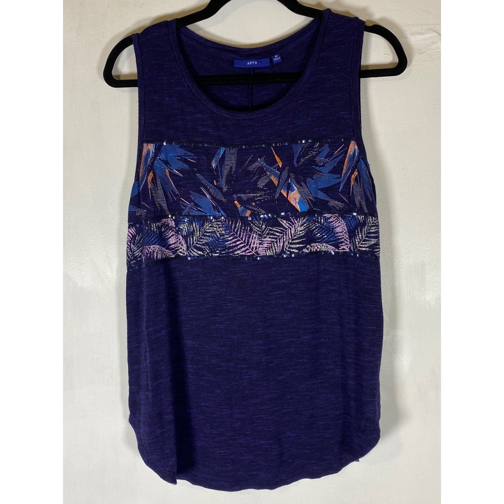 Navy Sequin Tropical Leaf Tank Top Sleeveless Soft Stretch Rounded Hem M